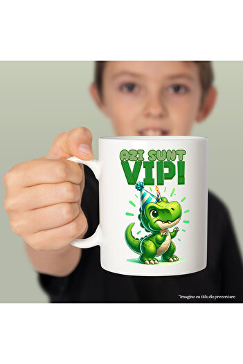 StoryGift Romania Mug Today I'm a VIP! Happy dinosaur celebrating, birthday, 330ml, Ceramic with, With White Handle