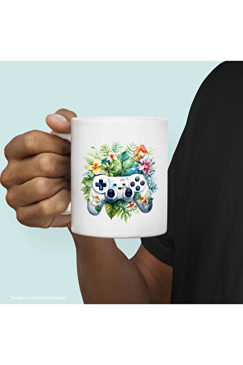 StoryGift Romania Cana cu un controller vechi, ilustratie, stil retro, vechi, flori, plante, amint, Cu Maner Alb