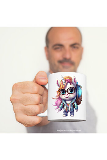 StoryGift Romania Cana cu un unicorn care se duce la scoala | ghiozdan | ochelari | tocilara | ilu, Cu Maner Alb