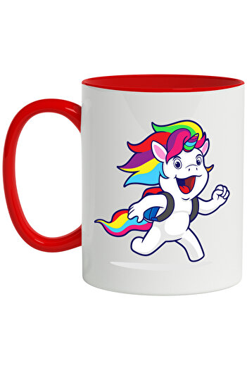 StoryGift Romania Cana Cu Unicorn, Elev, Student, Ghiozdan, Alergare, Multicolor 330 ml, Ceramica , Cu Maner Rosu
