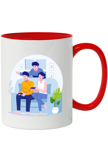 StoryGift Romania Cana Cu Prieteni, Jocuri Video, Controller, Canapea, Multicolor 330 ml, Ceramica, Cu Maner Rosu