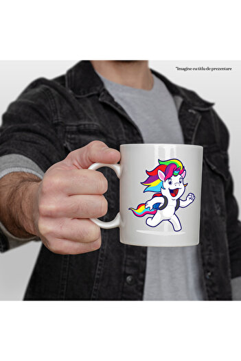 StoryGift Romania Cana Cu Unicorn, Elev, Student, Ghiozdan, Alergare, Multicolor 330 ml, Ceramica , Cu Maner Alb