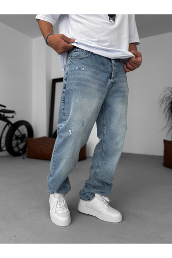 BYBASICMAN Açık Mavi Çizik Yırtıklı Baggy Jean KE-275