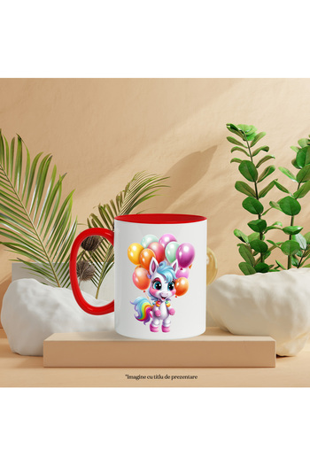 StoryGift Romania Mug with a happy unicorn | illustration | many colorful balloons tied to it | , With ,STG .