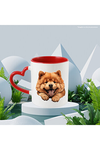 StoryGift Romania Cana cu un caine Chow Chow | ilustratie | limba scoasa | maro deschis | grasut |, Cu Maner Inim STG