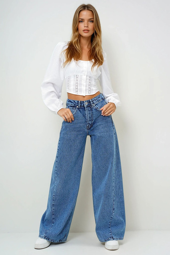 VAGGON Women's Blue High Waist Vintage Washed Buggy Cut Jean Pants Prmx13952
