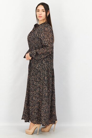 Esprit Women Tie Neck Long Sleeve Allover Print Maxi Dress, Black Combo