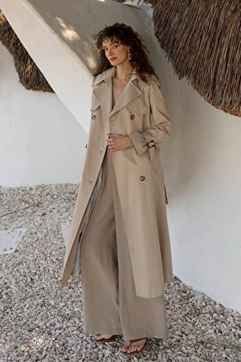 Olcay Trench Coat with Raglan Sleeve Epaulettes and Cape Detail Water Repellent Bej 6699