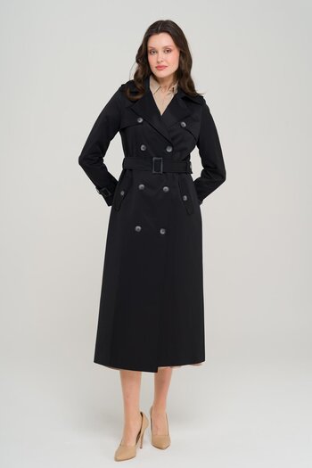 Olcay Double Breasted Water Repellent Trench Coat with Epaulettes and Cape Detail Black 6695