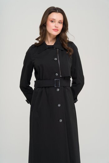 Olcay Unlined Trench Coat with Zipper and Epaulettes Black 6697