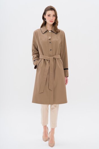 Olcay Large Size Trench Coat with Shirt Collar Piping and Grosgrain Detail Mink 4303