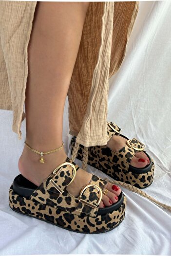 Shoebutik Giza Yellow Black Animal Pattern High Wedge Heel Women's Slippers