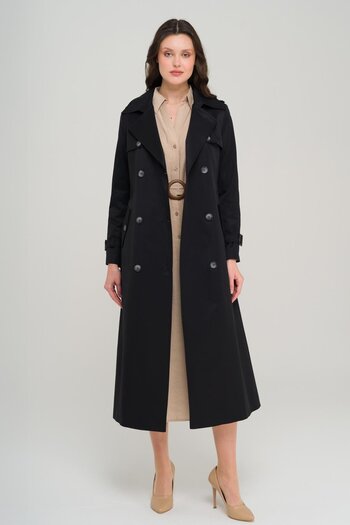 Olcay Double Breasted Water Repellent Trench Coat with Epaulettes and Cape Detail Black 6695