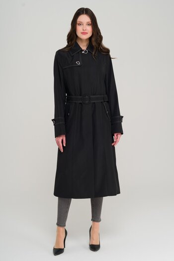 Olcay Shirt Collar Stitching Detailed Large Size Trench Coat Black 4300