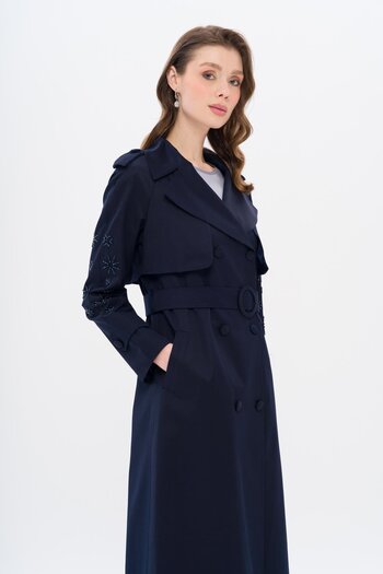 Olcay Premium Trench Coat with Beads on the Sleeves and Embroidery Detail Water Repellent Dark Blue 6688