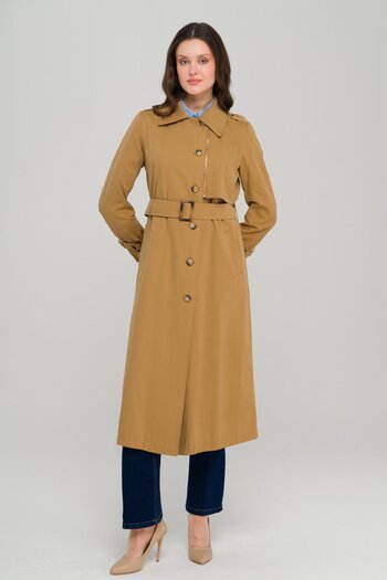 Olcay Unlined Trench Coat with Zipper and Epaulettes Taba 6697