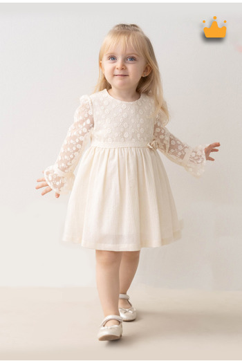 Mymio 0-5 Years Old Baby Girl Children's Linen Lace Long Sleeve Embroidered Tulle Summer Eid Dress 4375