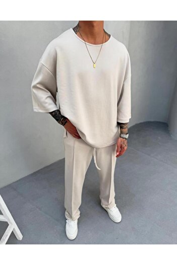 CAST COLLECTİON Ανδρικό μπλουζάκι μπεζ με μανίκια μεγάλου μεγέθους