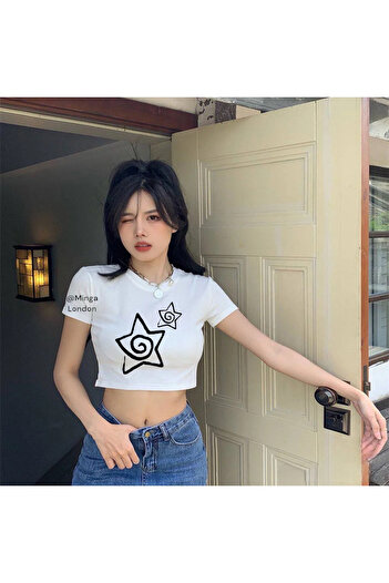 Minga London White Black Spiral Star Crop Blouse - Ghostella