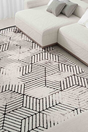 Oriente Home Geometric Patterned Washable Non-Slip Base Chenille Carpet Gray Black Runner 7811