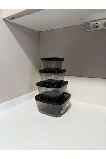 Tercih Home Set of 4 Black Square Anthracite Microwave Storage Containers Food Transport Container (2.4Lt+1.5Lt+0.9Lt+0.5Lt)