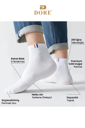 Dore Γνήσια Unisex 3 Pairs Premium Sport Sweat Absorbing Breathable Cotton Short Booties Αθλητικές κάλτσες - Λευκές