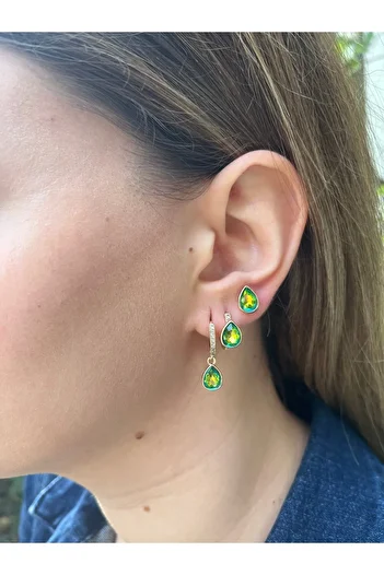 MODA Set of 3 Green Drop Stone Steel Earrings – Stylish and Elegant with White Stone Detail