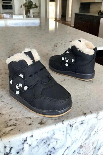 Liger Panda Detailed Furry Unisex Kids Baby Boots BLACK