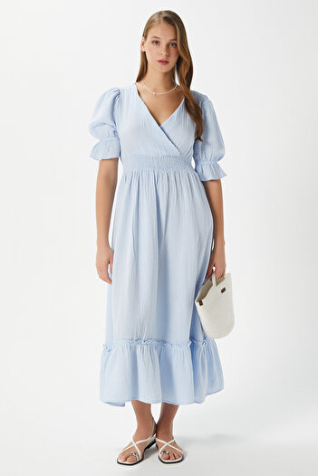 Ritnice Women's Hailey Cotton Muslin Blue Waist Elastic Dress