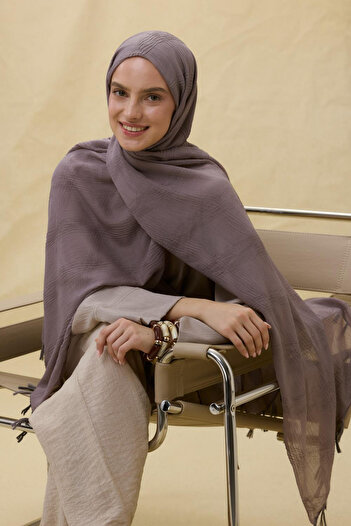 Fenza Lilyum Lead Gray Fringe Tassel Cotton Shawl