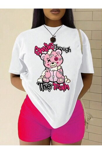 PENTHİLUS Bear and Letter Print Off Shoulder Oversized Loose Fitting T-Shirt