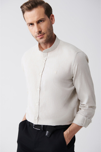 Avva Men's Beige Judge Collar Linen Blended Shirt B 002027