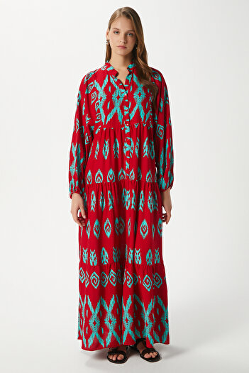 Ritnice Modest Megan Red Turquoise Women's 100% Viscose Maxi Length Tiered Balloon Sleeve Long Summer Dress