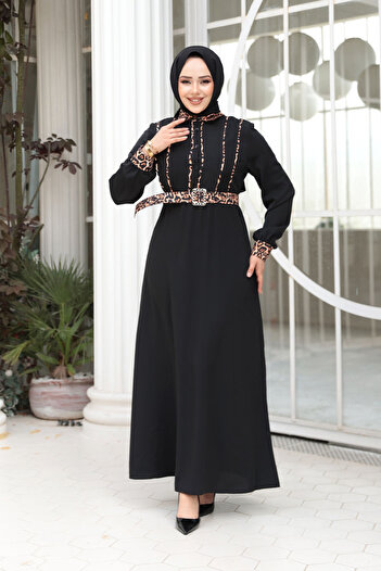 N.S NEVA STYLE Λεοπάρ Λεπτομερές Μαύρο Φόρεμα Hijab 10246S