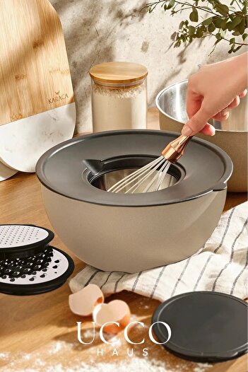 UCCO Preparation and Storage Bowl with Grater - 24 cm - 4 Pieces Unbreakable Plastic, Steel Grater Bowl Set with Lid