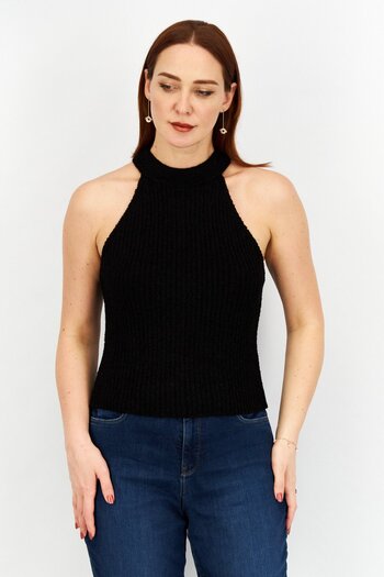 NA-KD Women High Neck Sleeveless Textured Top, Black