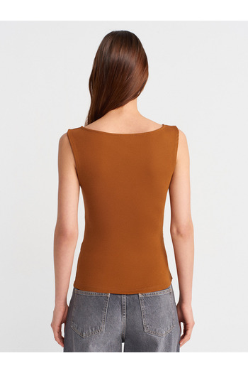 Dilvin 31589 Gathered Boat Neck Top-Red Tile