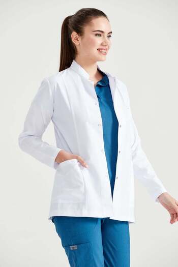 DEMOTEKS Uniforma Lab Coat Halat Medical Scurt Alb Femei – Cu Trei Buzunare, Maneca Lunga, Guler Tunica