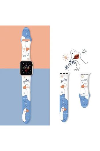 REDz Accessories Curea Duck, pentru Apple Watch, imprimeu de desene animate, reglabilă, silicon, albă - 44/45/46/49 mm, medie