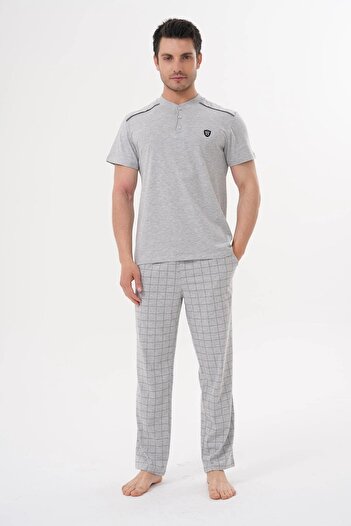 Mecit Pijama Короткий рукав, комір на ґудзиках, великий розмір, бавовняний чоловічий піжамний комплект у клітинку
