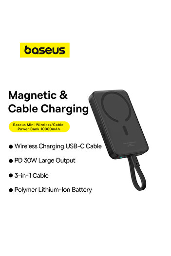 Baseus Baseus 10000mAh Magnetic Mini Wireless Fast Charge Power Bank 30W With Built-In Type-C Cable - Black