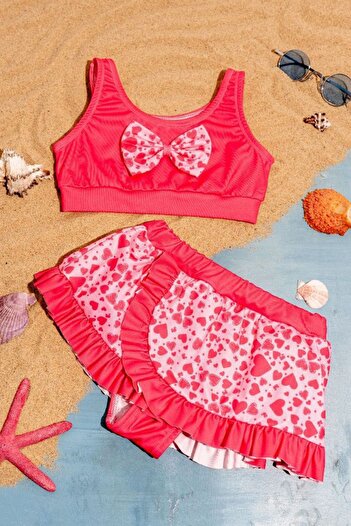 Minigimin Cicileri My Little One's Cicileri (3-7 Years Old) Ruffle Detailed Heart Printed Girl's 2-Piece Swimsuit - Fuchsia