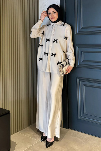 julude Stone Women's Bow Detailed Hijab Shirt Pants Double Set