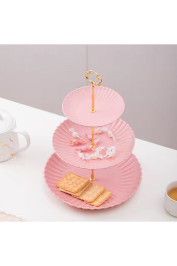 PUFO Candy 3-tiered fruit bowl, for cakes, fruit, appetizers, metal handle, pink