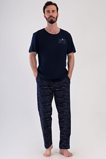 VİENETTA Men's Short Sleeve Navy Blue Pajama Suit C0T3N1O804