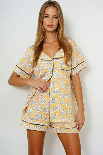 VAGGON Women's Leaf Patterned Mustard Single Pocket Piping Detailed Cotton Shirt and Shorts Pajama Set Pjmx13911