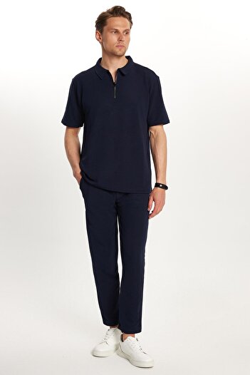 Tudors Men's Standard Fit Cotton Zippered Polo Neck Lace-Up Waist Navy Blue Tracksuit Set