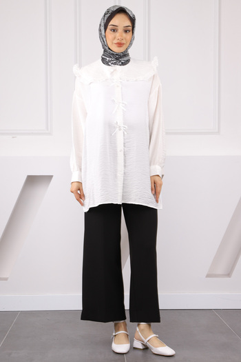 İmajButik Ecru Baby Collar Bow Detailed Shirt