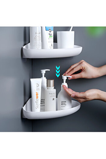 Herum Set of 2 triangular corner shelves, self-adhesive, plastic, for bathroom, White, 26.5 x 20 x 5.5 cm