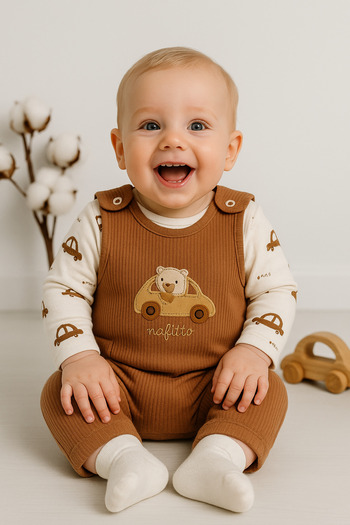 VERONA TARZ Baby Boy Embroidered Car 2-Piece Salopet Set Long Sleeve Snap Fastener Newborn Outfit Socks